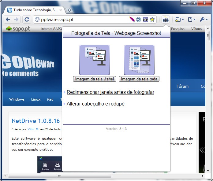 Extensão Chrome: Webpage Screenshot