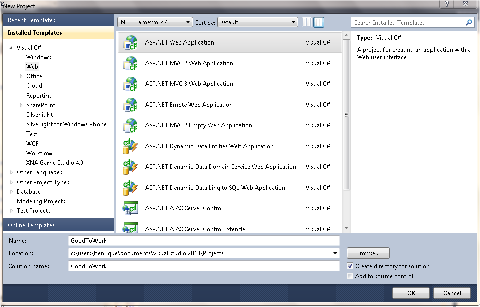 ASP.NET – Inicio do Projecto “GoodToWork”
