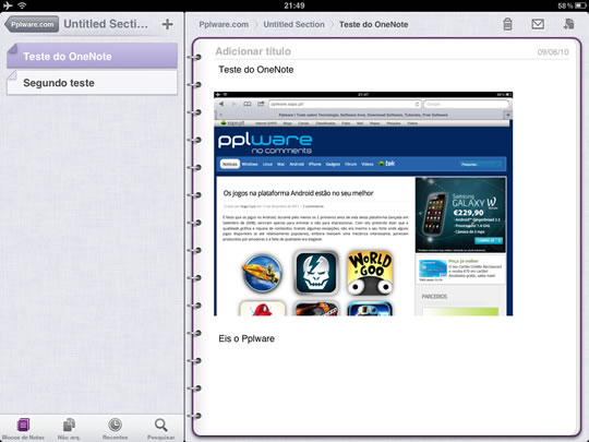 OneNote disponível para iPad