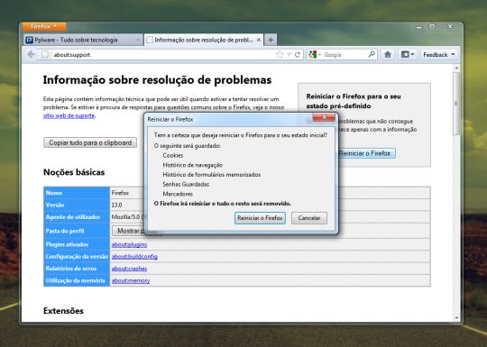 A nova funcionalidade de reset do Firefox Beta