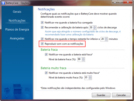 BatteryCare 0.9.10 - Nova opção de Notificação áudio