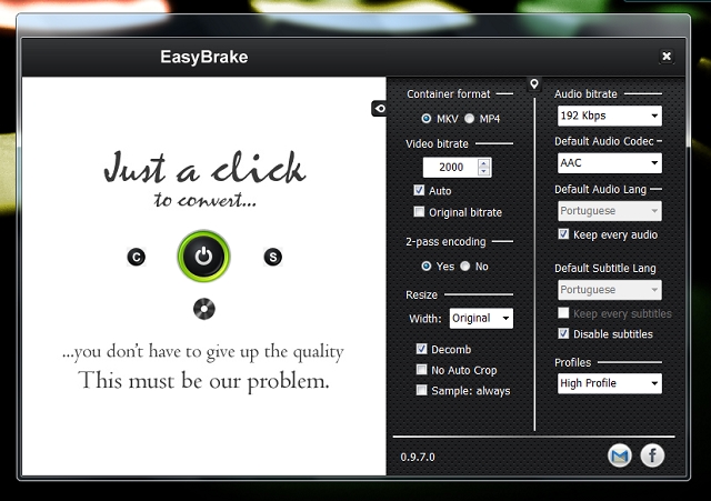 EasyBrake 0.9.9, conversão directa para MP4 ou MKV