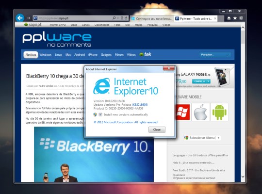 Está disponível o IE10 para Windows 7