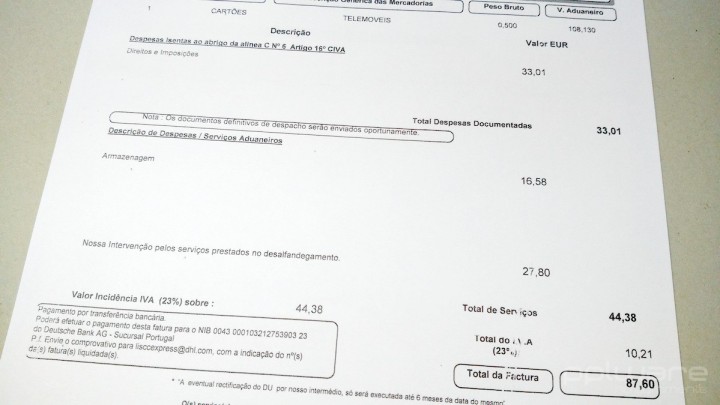 Factura de desalfandegamento feito pela DHL.