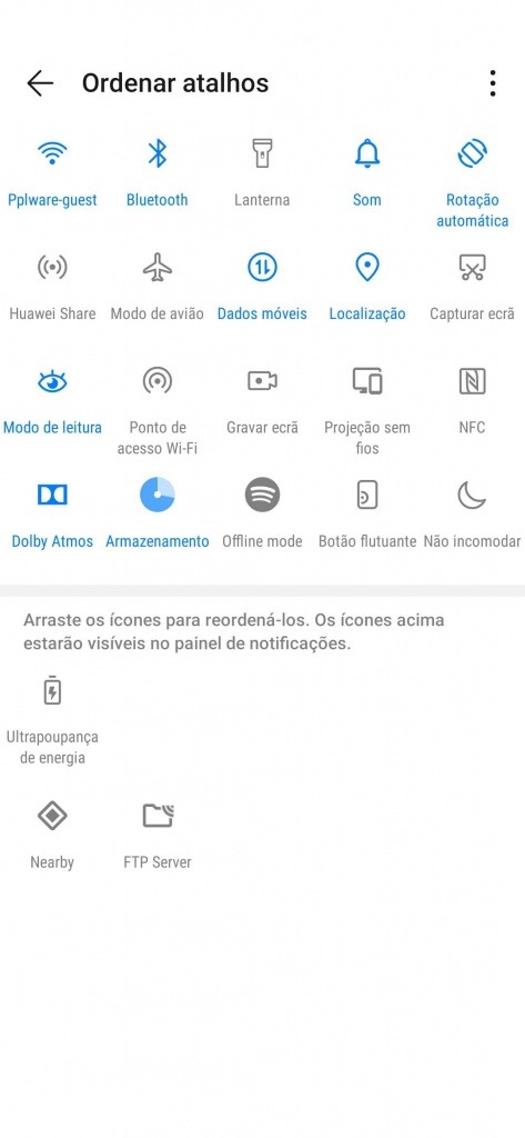 Android Definições Rápidas organizar ícones personalizar