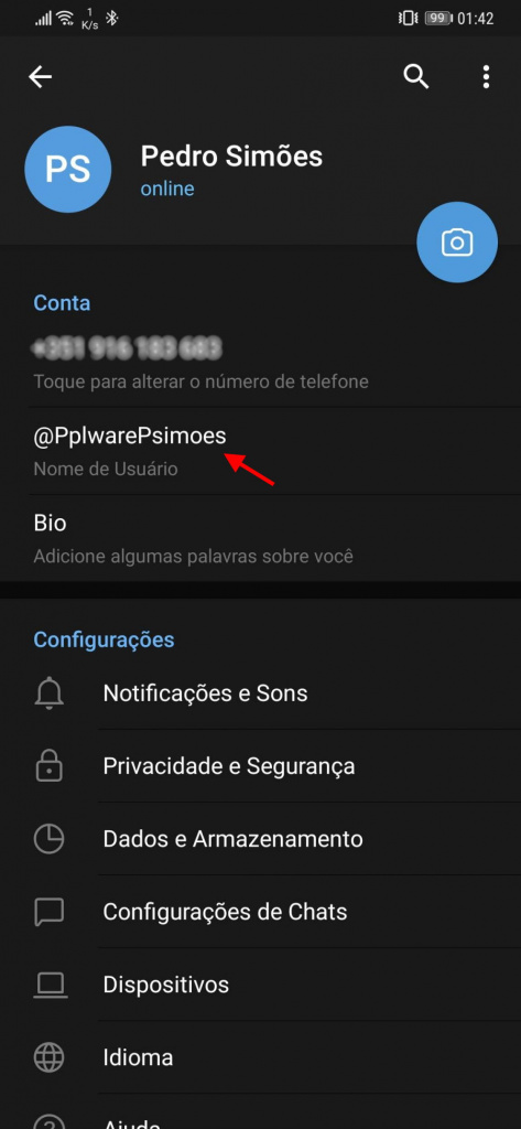 Telegram nome utilizador definir alterar