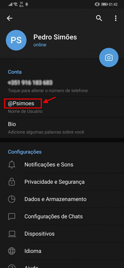 Telegram nome utilizador definir alterar