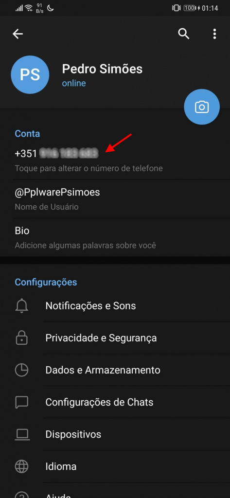 Telegram número telefone mudar dados