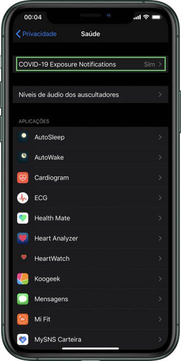 Imagem iOS com opção de registar contactos COVID-19 da Apple