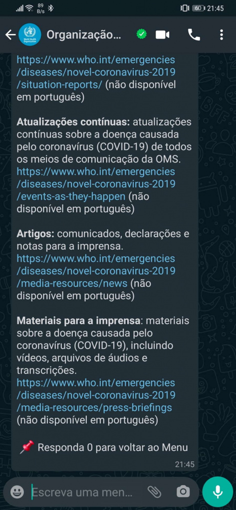 WhatsApp OMS Covid-19 português dúvidas