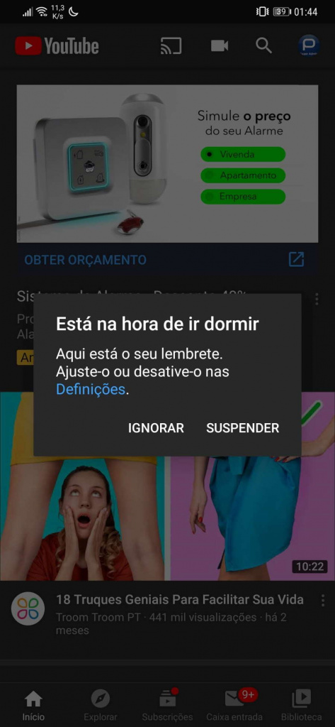 YouTube dormir alerta smartphone utilizadores