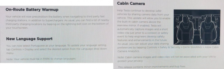 Imagem das notas de lançamento do firmware dos carros elétricos Tesla