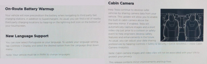Imagem das notas de lançamento do firmware dos carros elétricos Tesla