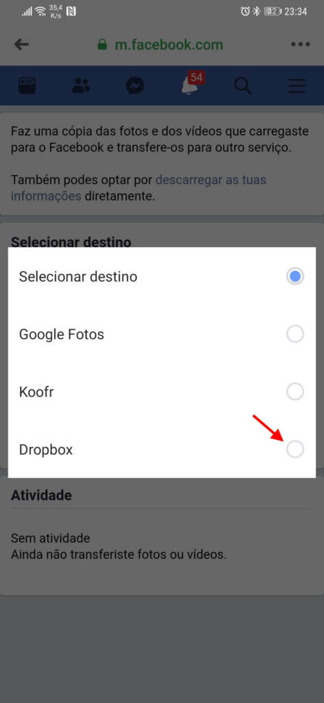 Facebook Dropbox exportar fotografias vídeos