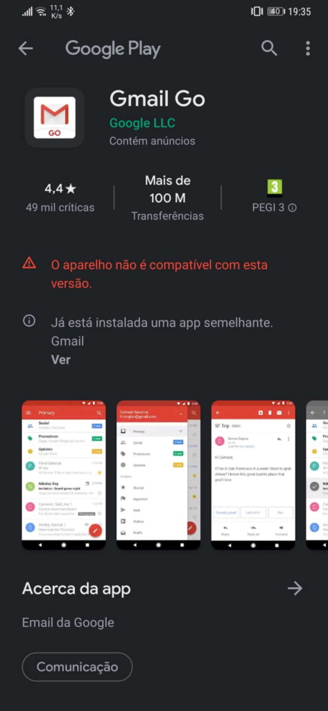 Gmail Go Google app smartphones recursos