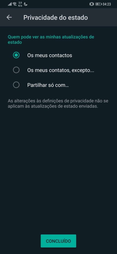 WhatsApp partilhar informação privacidade opções