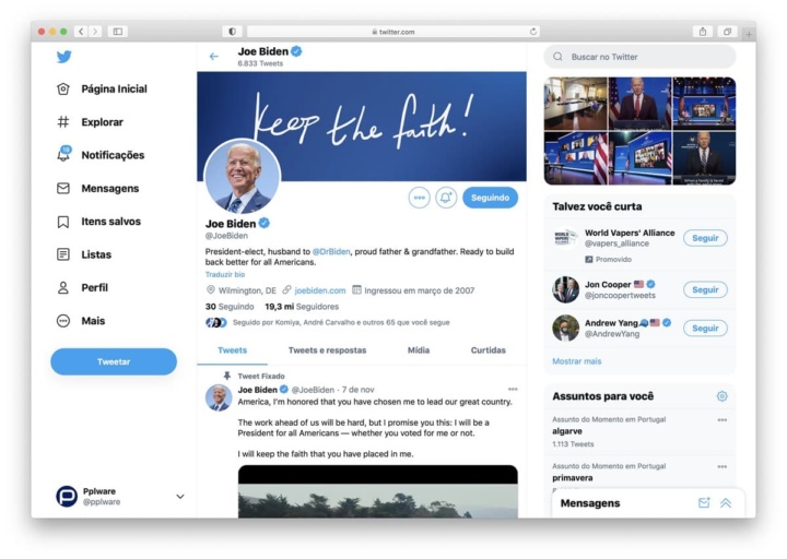 Joe Biden tem conta do Twitter