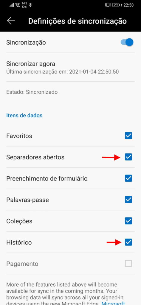 Edge browser sincronizar histórico separadores abertos