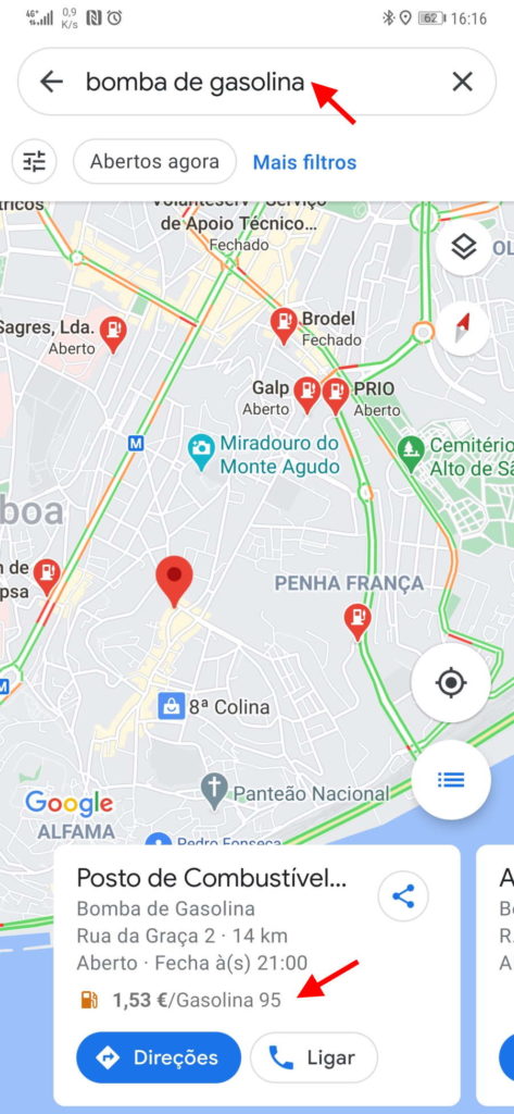 Google Maps preço combustíveis condutor