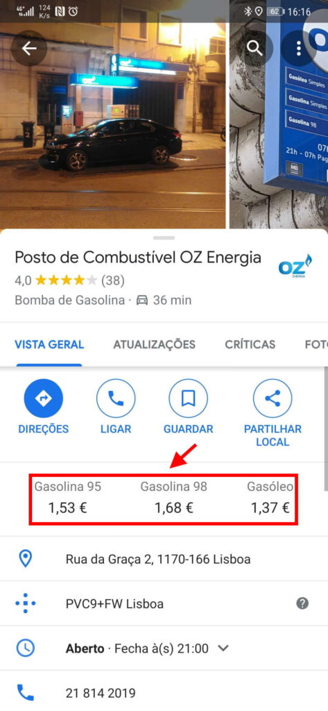 Google Maps preço combustíveis condutor