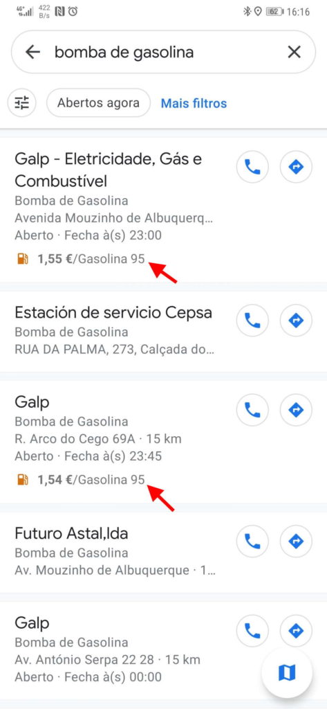 Google Maps preço combustíveis condutor