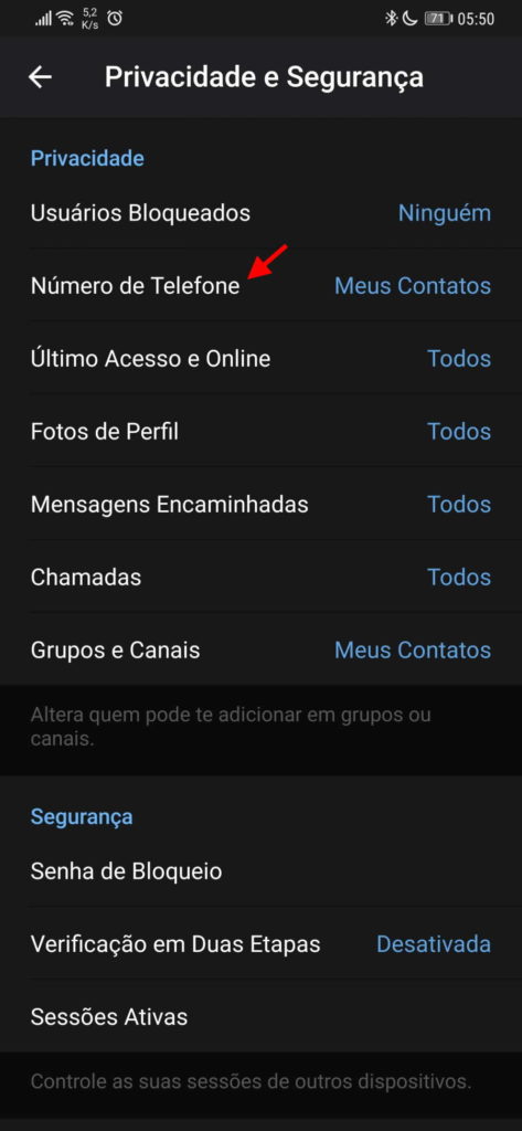 Telegram privacidade número telefone contactos