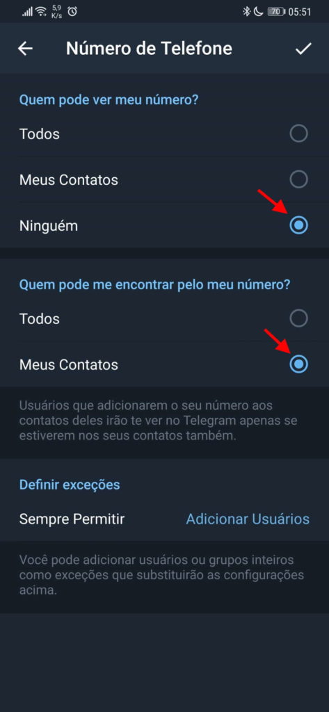 Telegram privacidade número telefone contactos