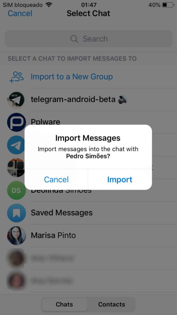 Telegram WhatsApp importar mensagens conversas
