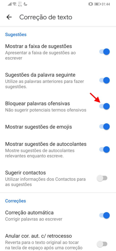 teclado Google palavras ofensivas Android