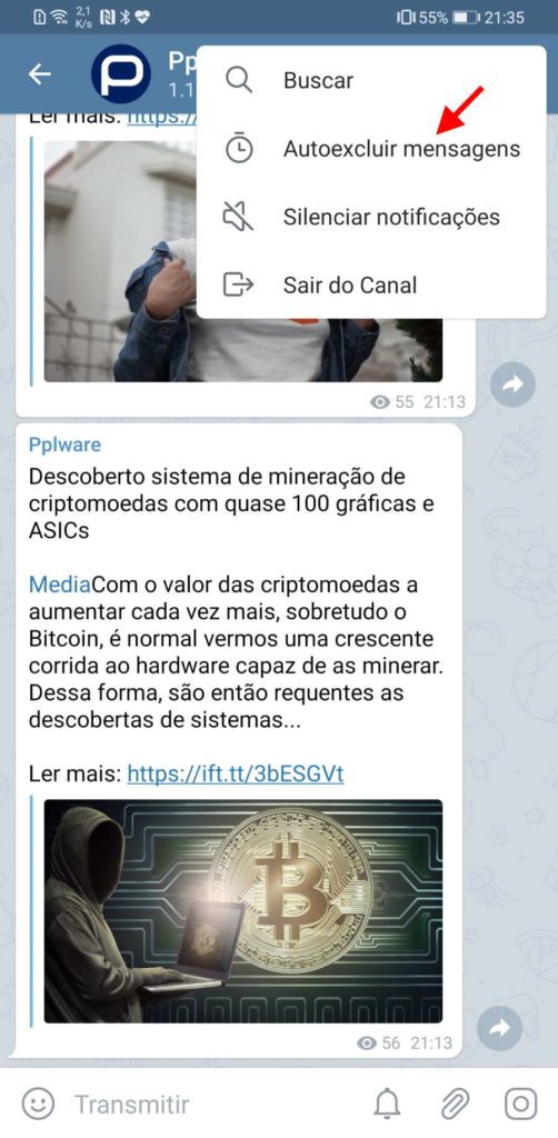 Telegram destruição mensagens menu opções