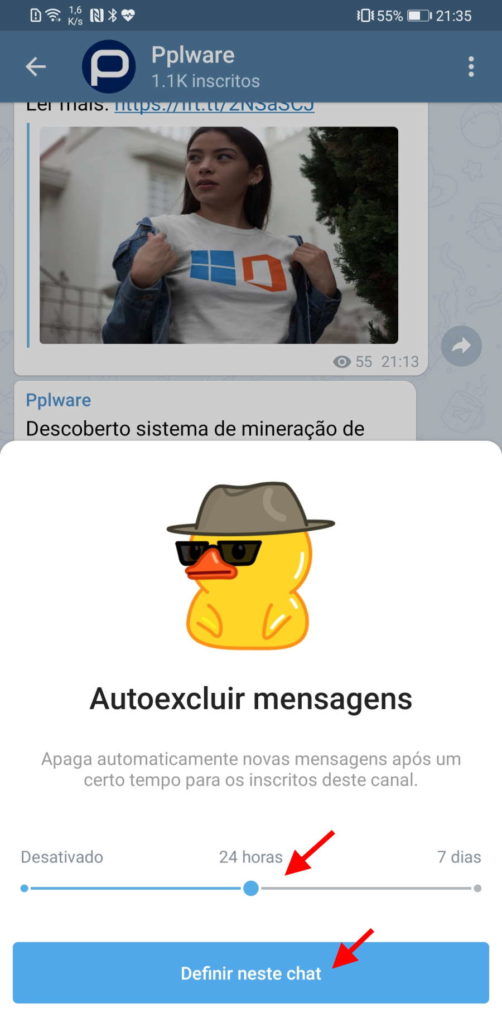 Telegram destruição mensagens menu opções