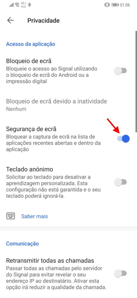 Signal privado mudanças opções dados