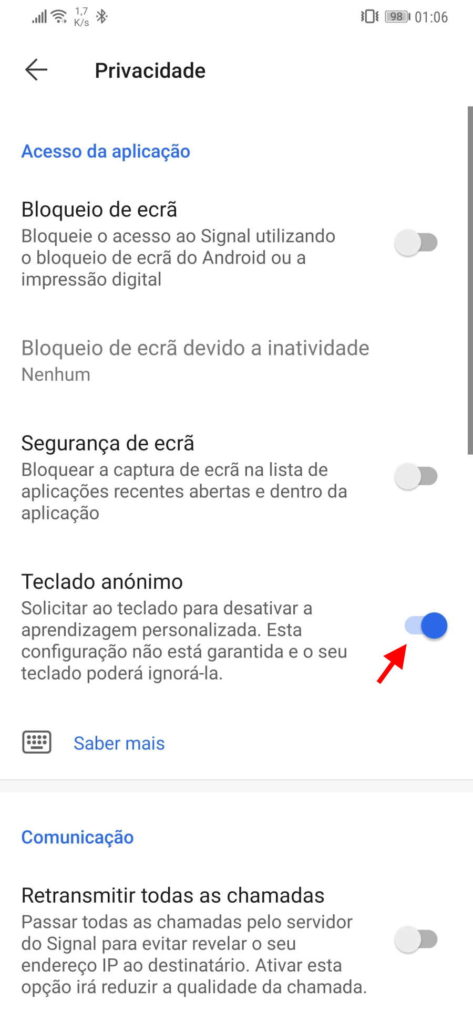 Signal privado mudanças opções dados