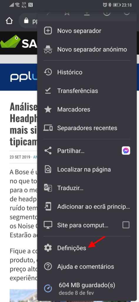 Chrome tamanho fonte Android sites