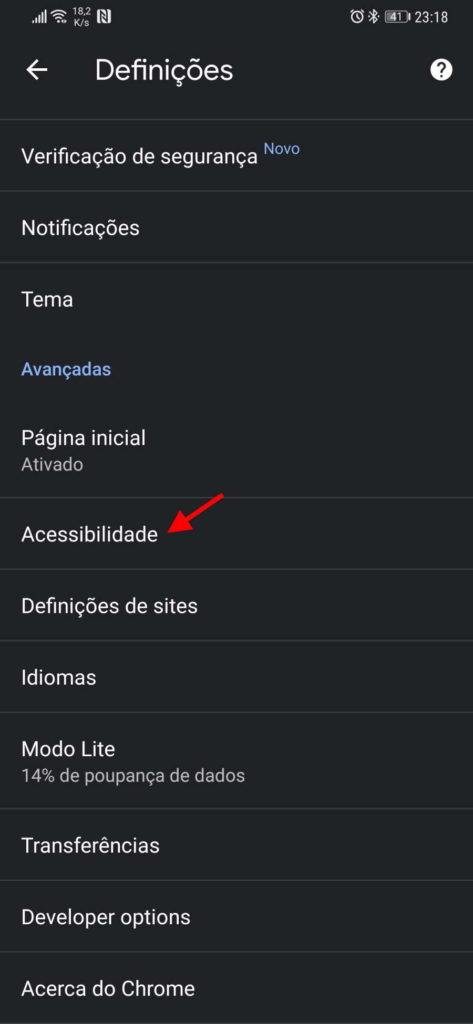 Chrome tamanho fonte Android sites