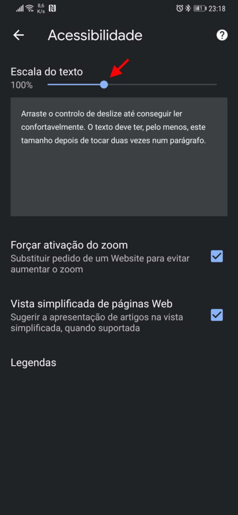 Chrome tamanho fonte Android sites