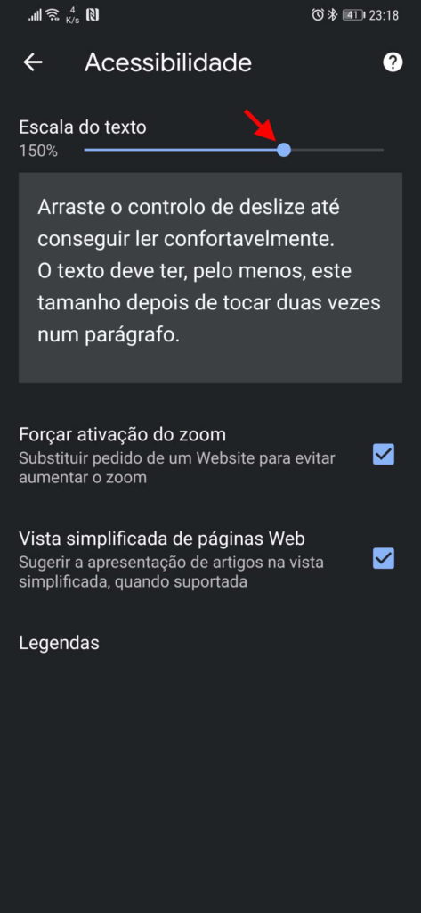 Chrome tamanho fonte Android sites