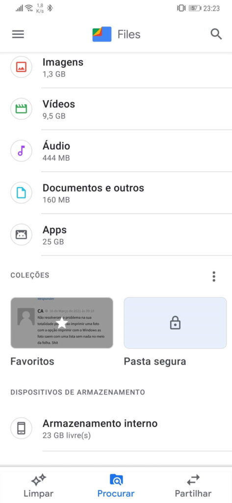 Google Files ficheiros Favoritos Android