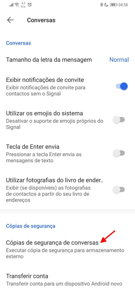 Signal backups cópias conversas segurança