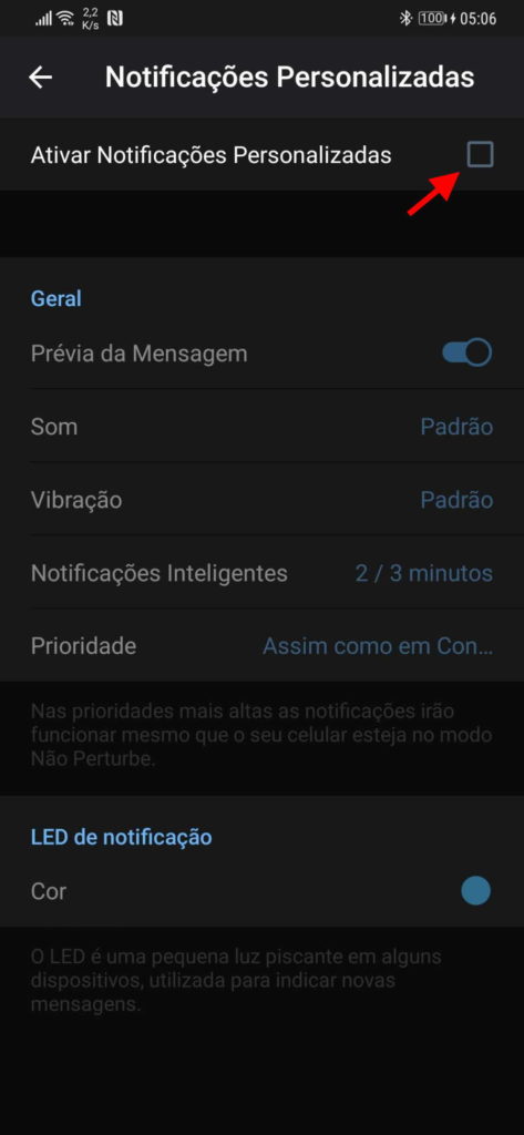 Telegram notificações contactos personalizar contactos