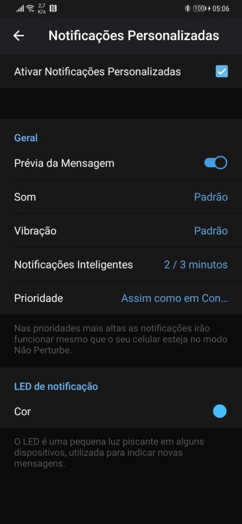 Telegram notificações contactos personalizar contactos
