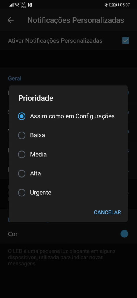 Telegram notificações contactos personalizar contactos