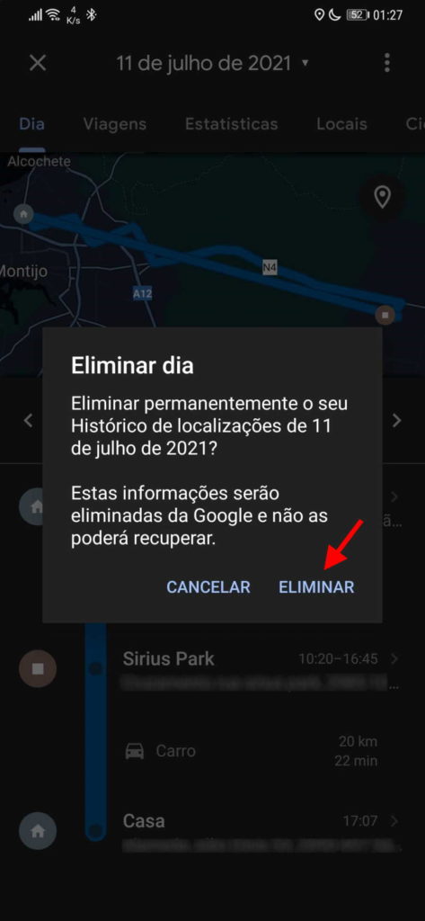 Google Maps apagar dia cronológica
