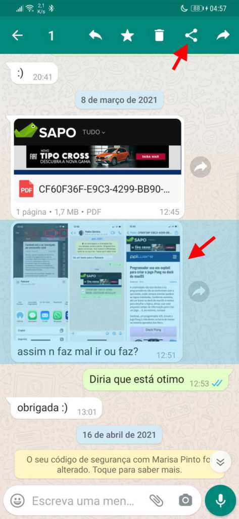 WhatsApp imagem reenviado marca mensagem