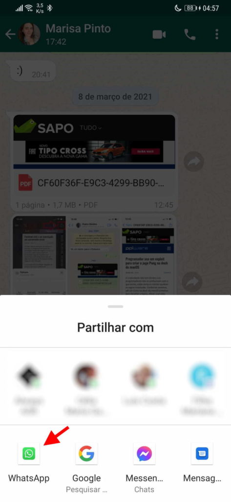 WhatsApp imagem reenviado marca mensagem