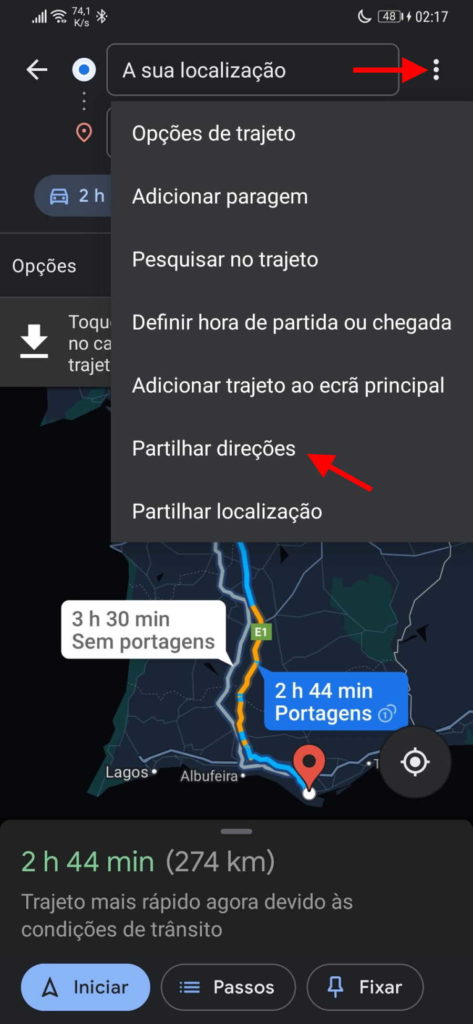 Google Maps partilhar rotas