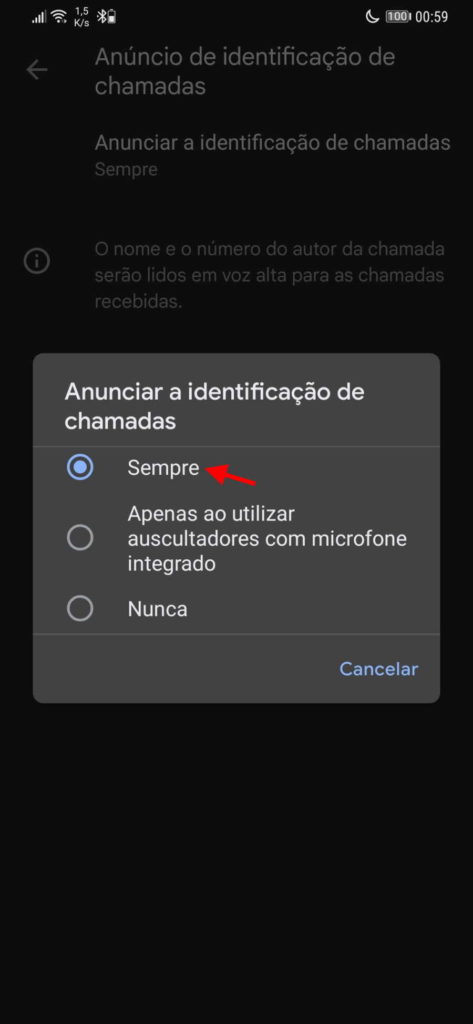 Android chamada voz alta ligar