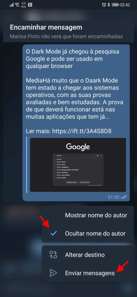 Telegram mensagens remetente original reenviar