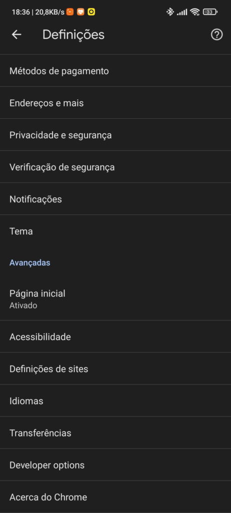 Chrome Android Google browser dados