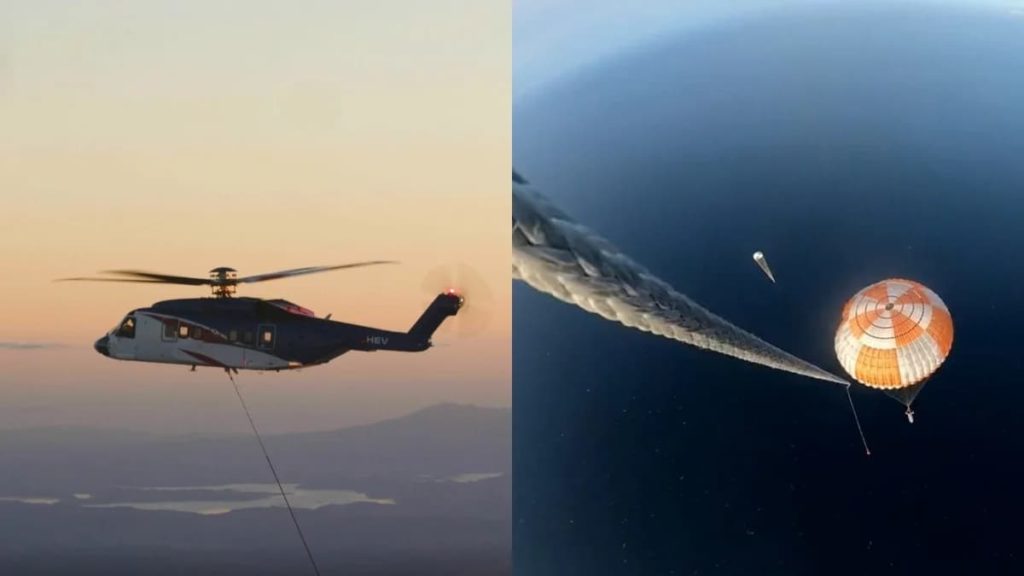 Um helicóptero apanhou um foguetão espacial 2.000 metros acima do mar (vídeo)